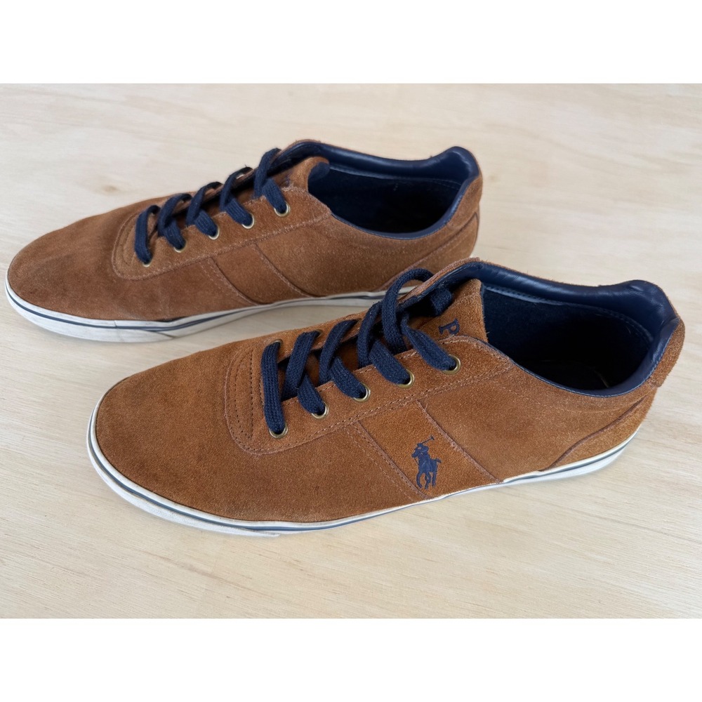Polo Ralph Lauren Hanford Mens 12 Tan Suede Low Top Sneakers Brown Navy 01087